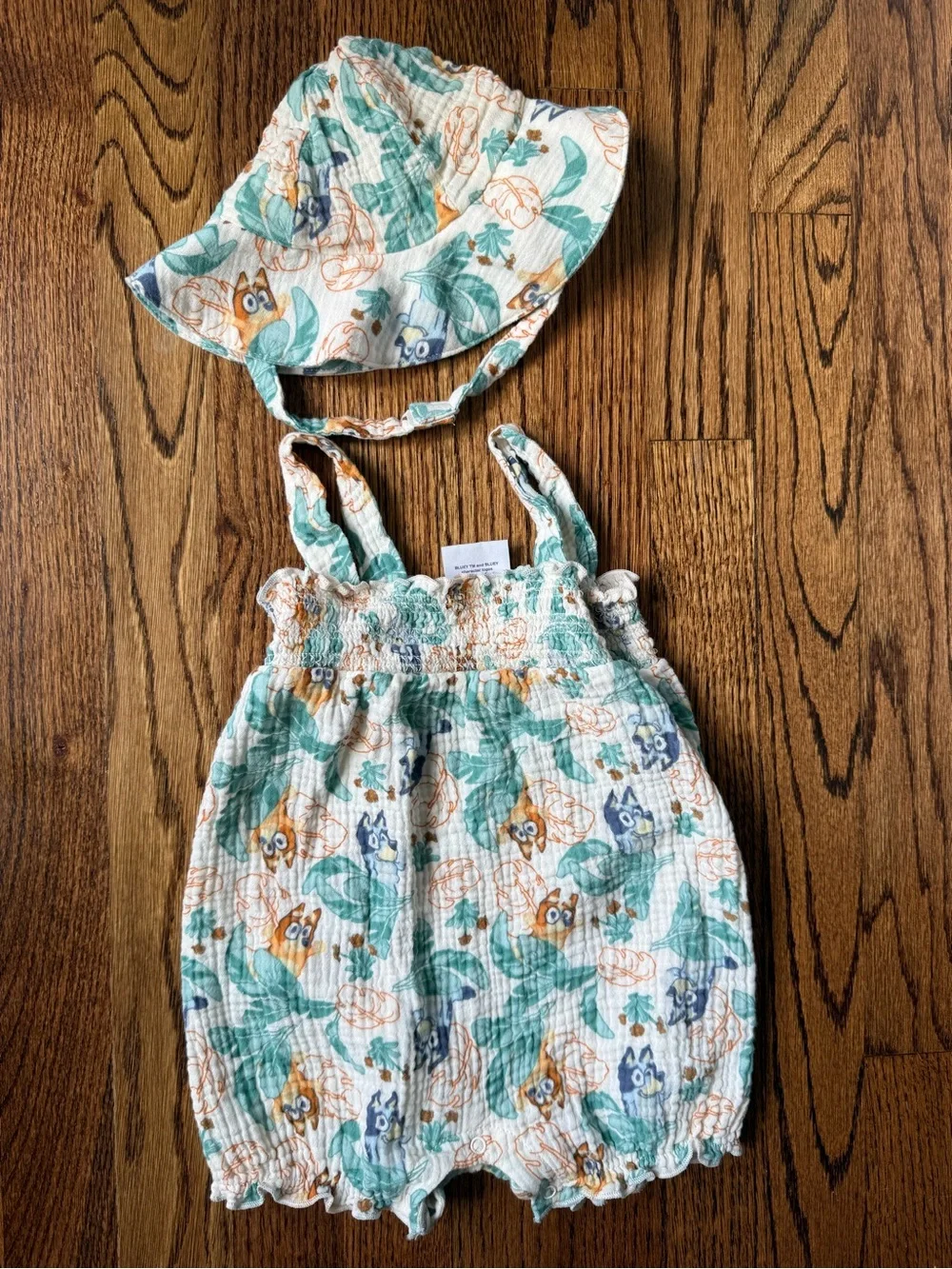 Baby Bluey Floral Leaf Print Romper with Matching Sun Hat - 12 Months